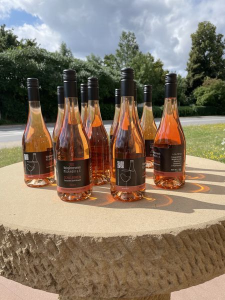 Schillerwein Flaschen im Garten